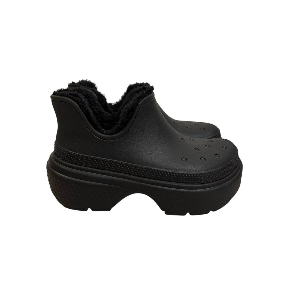 Crocs Boots M9 W11 Black Stomp Shorty Lined Chunky Platform Faux Fur Unisex
